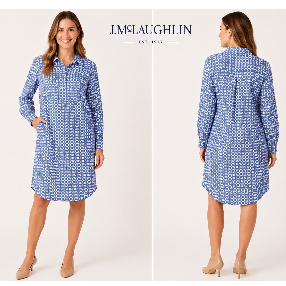 J.McLaughlin Dress Women M Blue White Geometric Catalina Cloth Shift Long Sleeve